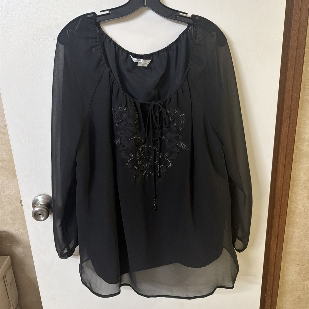 PETER NYGÅRD Black Embroidered Blouse Chiffon Long Sleeve Women Size 16
